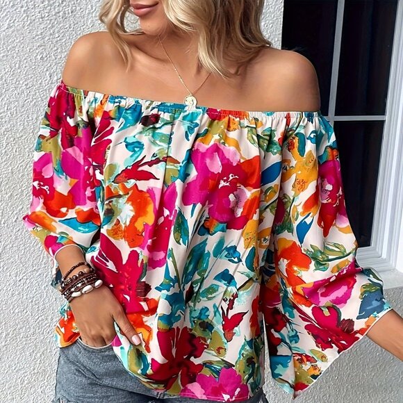 Passionate Vacations Tops - Travel Passions - Boho Chic Off-Shoulder Blouse - Breezy Floral Design